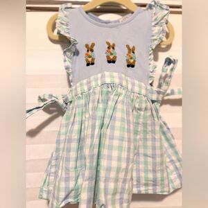 Girls Smocked Easter Blue and Green Gingham Dress with Bunny Embroidery